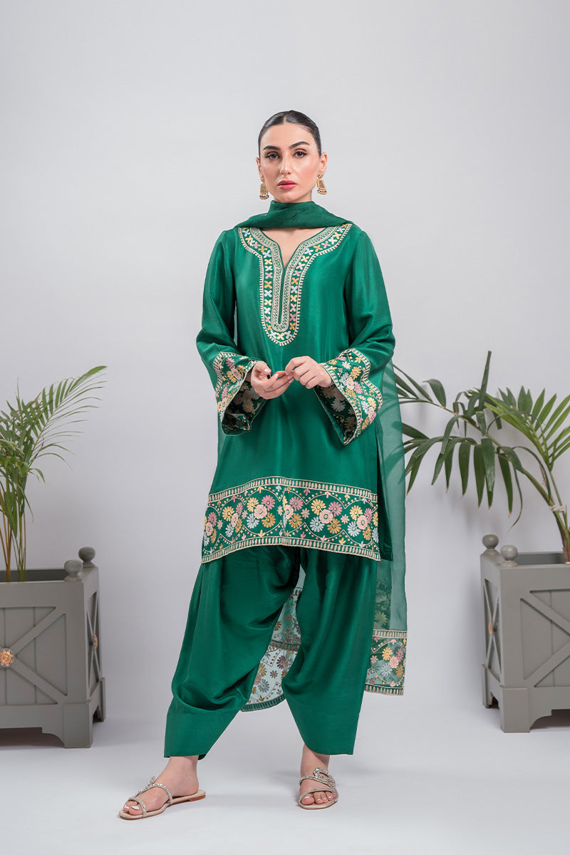 Pakistani Dark Green Aari Embroidered Silk Salwar Kameez (3-Piece) - Image 1