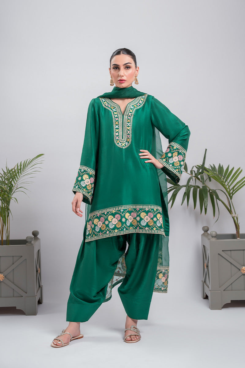 Pakistani Dark Green Aari Embroidered Silk Salwar Kameez (3-Piece) - Image 3