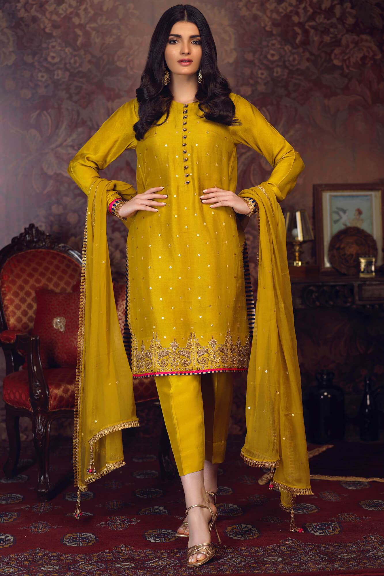 Lime Green Embroidered PK Raw Silk Salwar Kameez (3-Piece) - Image 2