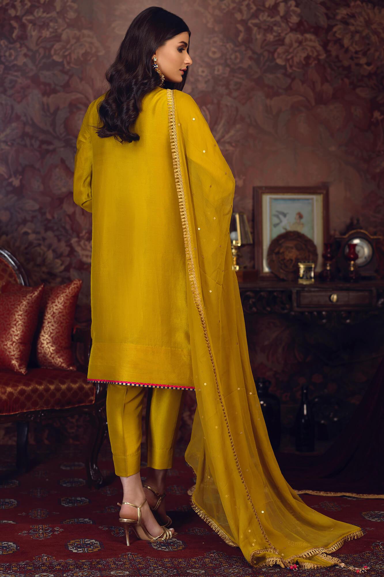 Lime Green Embroidered PK Raw Silk Salwar Kameez (3-Piece) - Image 3