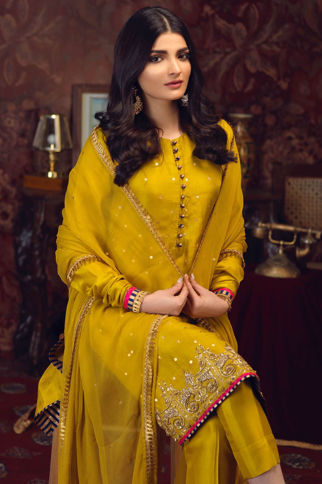 Lime Green Embroidered PK Raw Silk Salwar Kameez (3-Piece) - Image 4