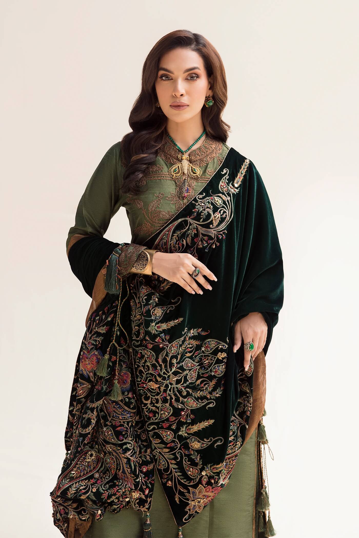Forest Green Maroori Embroidered Velvet & Silk Salwar Kameez (3-Piece) - Image 1