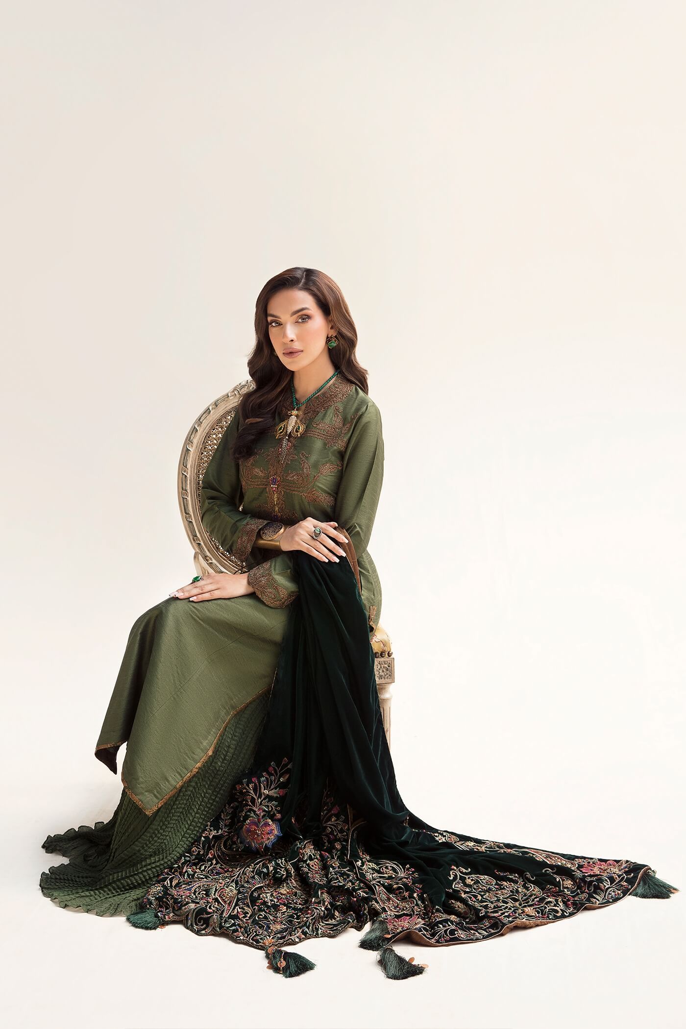Forest Green Maroori Embroidered Velvet & Silk Salwar Kameez (3-Piece) - Image 2