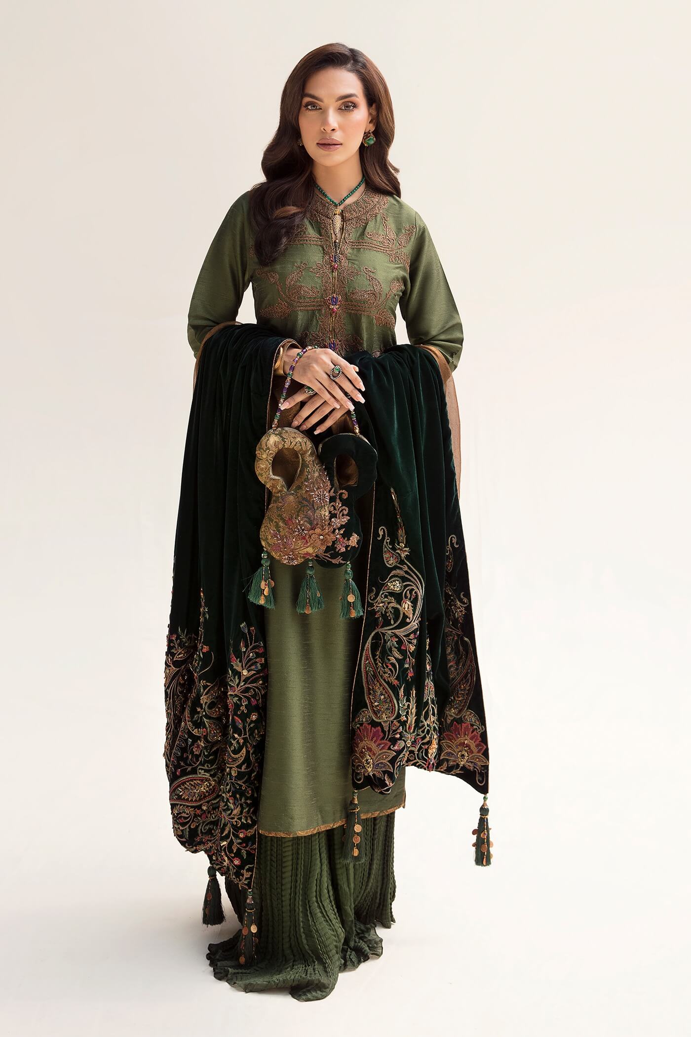 Forest Green Maroori Embroidered Velvet & Silk Salwar Kameez (3-Piece) - Image 3