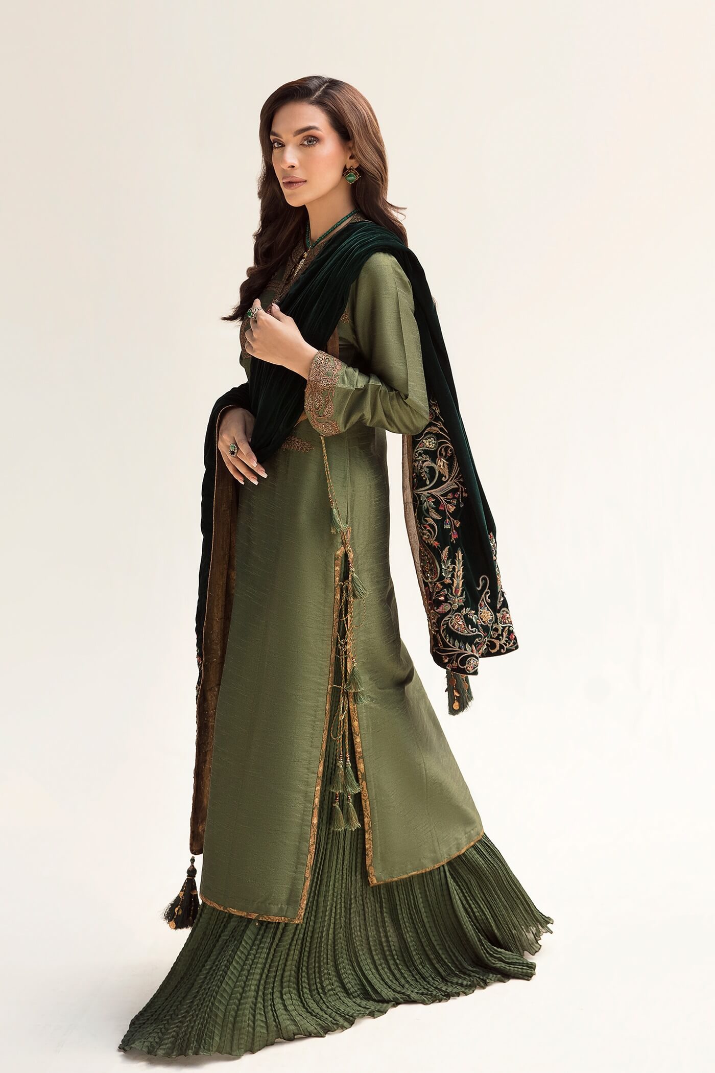 Forest Green Maroori Embroidered Velvet & Silk Salwar Kameez (3-Piece) - Image 4