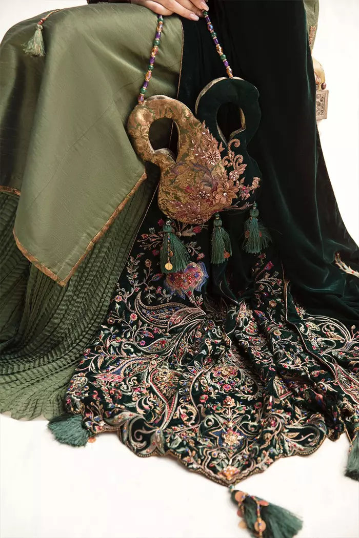 Forest Green Maroori Embroidered Velvet & Silk Salwar Kameez (3-Piece) - Image 5