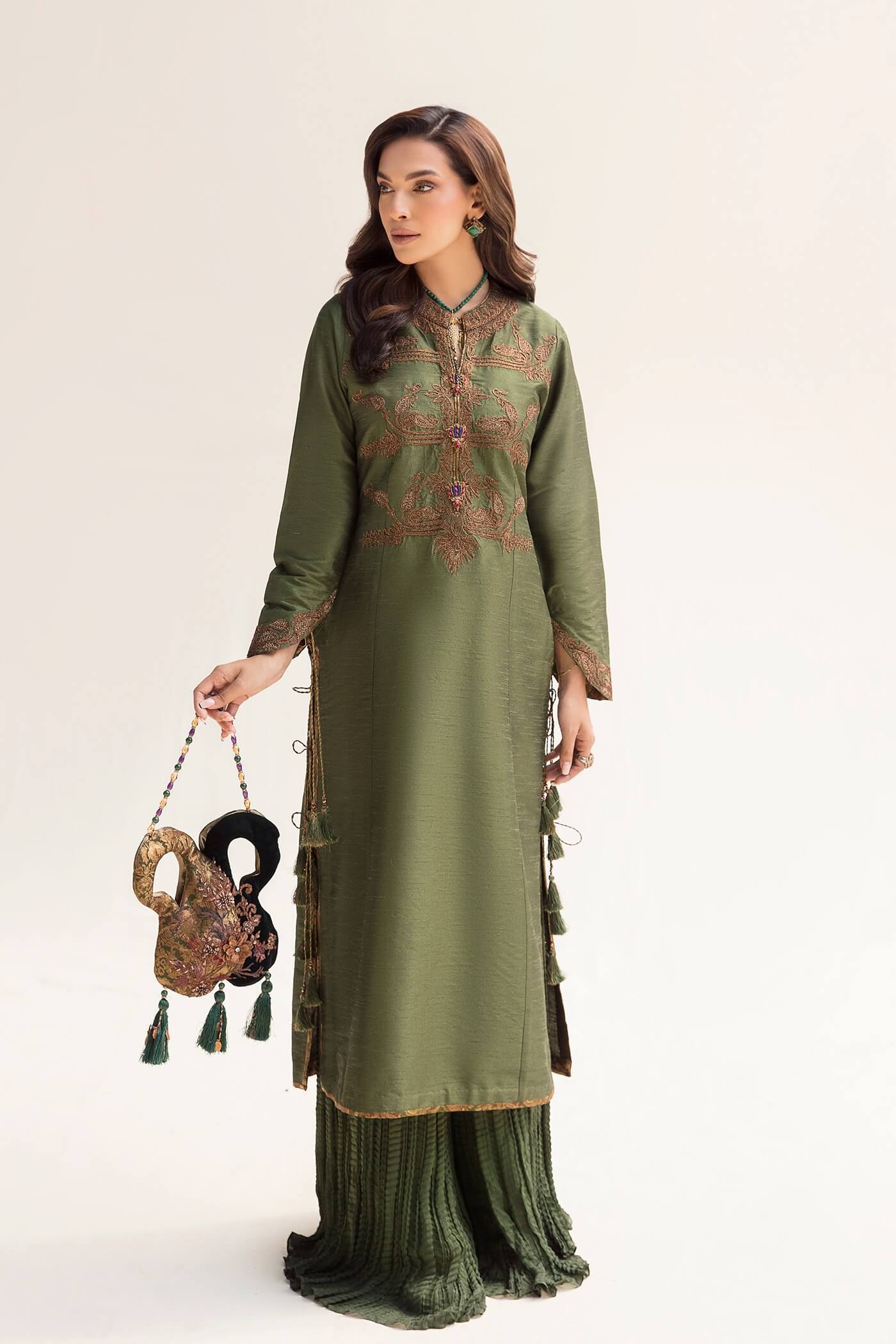 Forest Green Maroori Embroidered Velvet & Silk Salwar Kameez (3-Piece) - Image 6