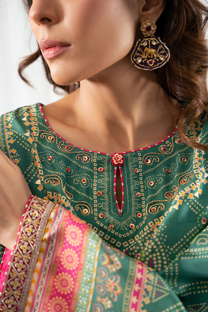 Garden Green Bandhani Embroidered Silk Salwar Kameez (3-Piece) - Image 3