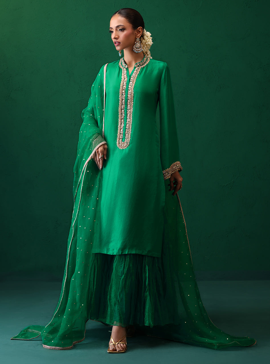 Emerald Green Hand-Embellished Raw Silk Salwar Kameez (3-Piece) - Image 1