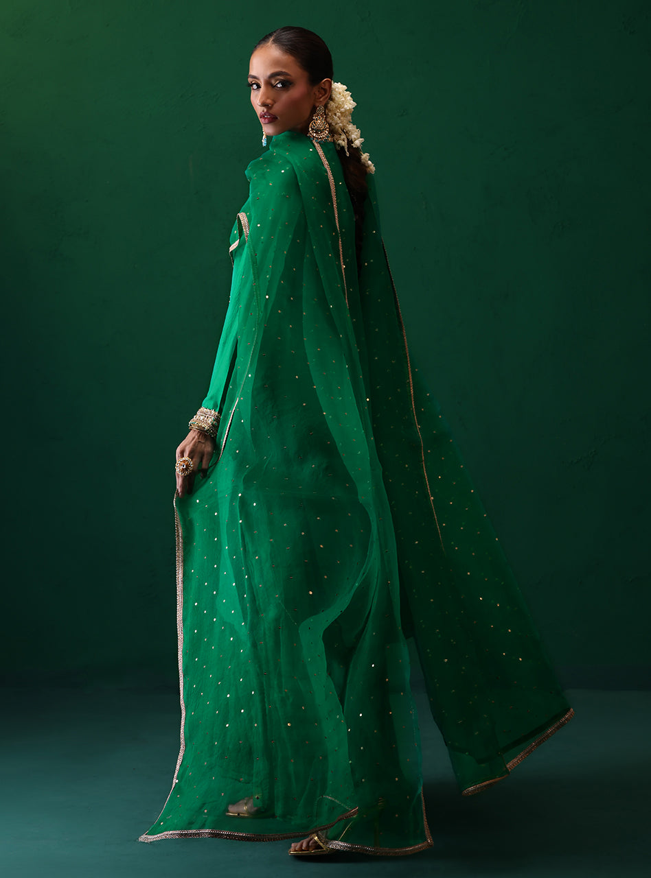 Emerald Green Hand-Embellished Raw Silk Salwar Kameez (3-Piece) - Image 2
