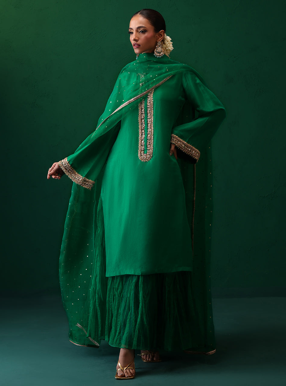 Emerald Green Hand-Embellished Raw Silk Salwar Kameez (3-Piece) - Image 3