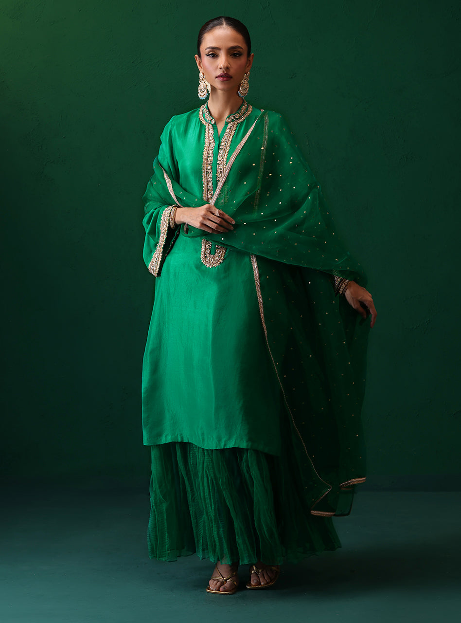 Emerald Green Hand-Embellished Raw Silk Salwar Kameez (3-Piece) - Image 4
