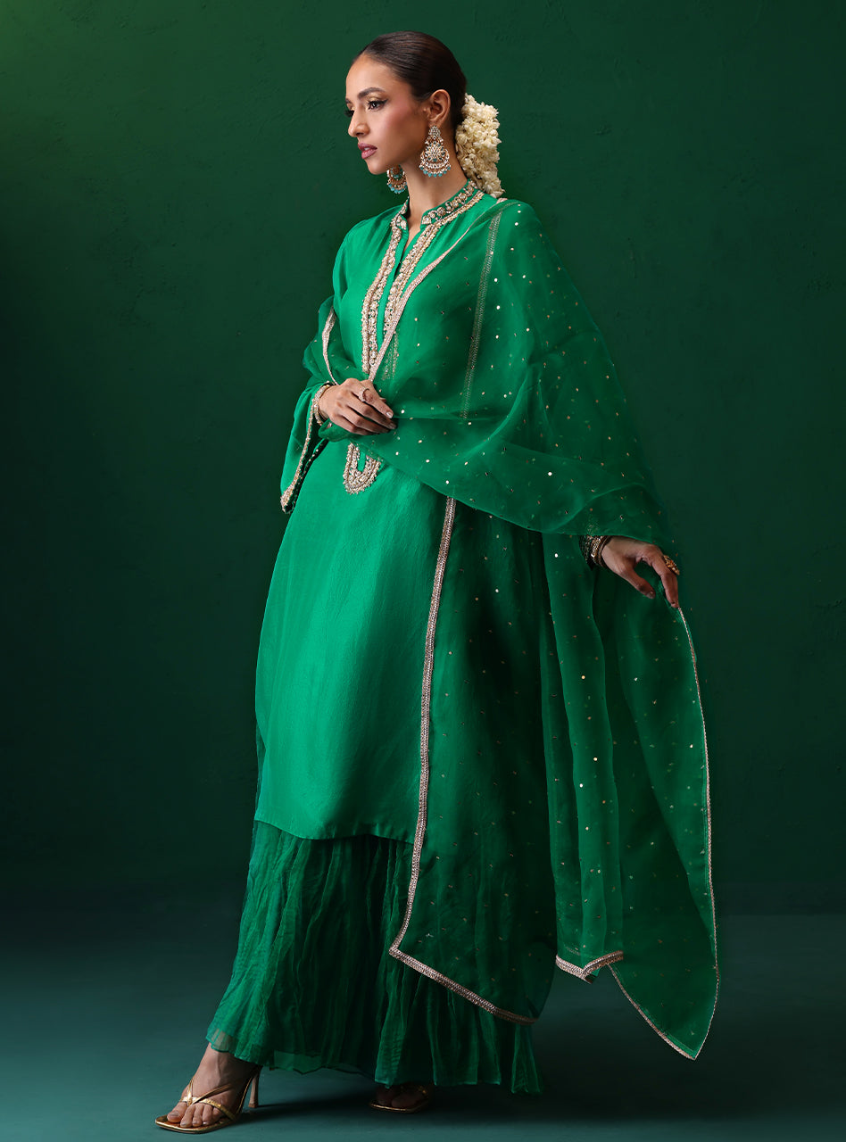 Emerald Green Hand-Embellished Raw Silk Salwar Kameez (3-Piece) - Image 5