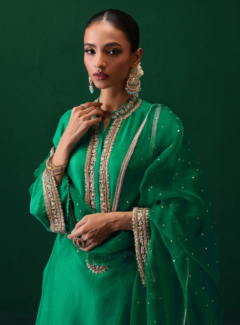 Emerald Green Hand-Embellished Raw Silk Salwar Kameez (3-Piece) - Image 6