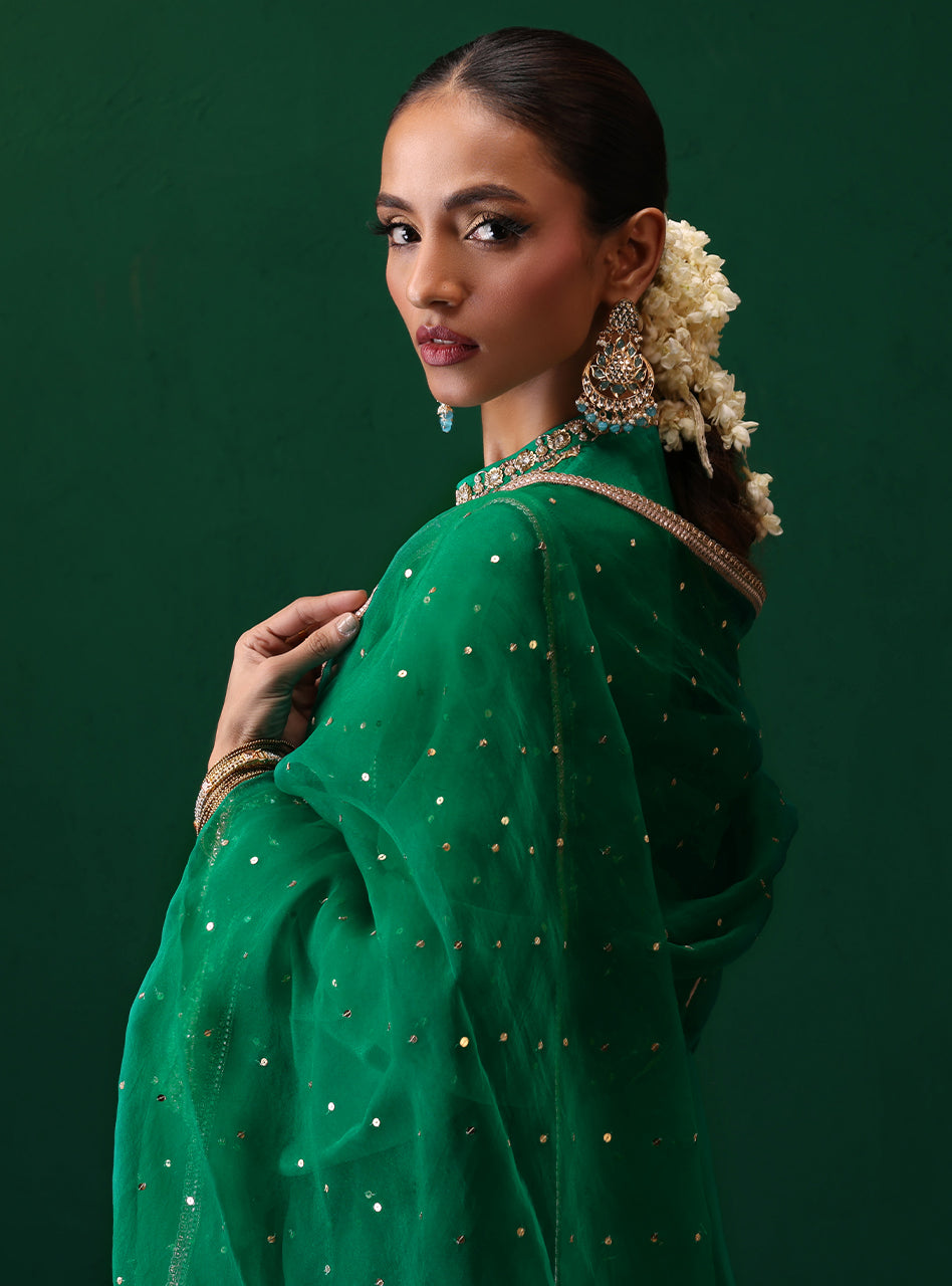 Emerald Green Hand-Embellished Raw Silk Salwar Kameez (3-Piece) - Image 7