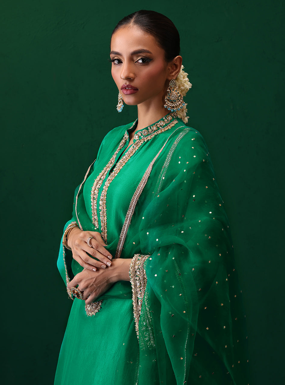 Emerald Green Hand-Embellished Raw Silk Salwar Kameez (3-Piece) - Image 8