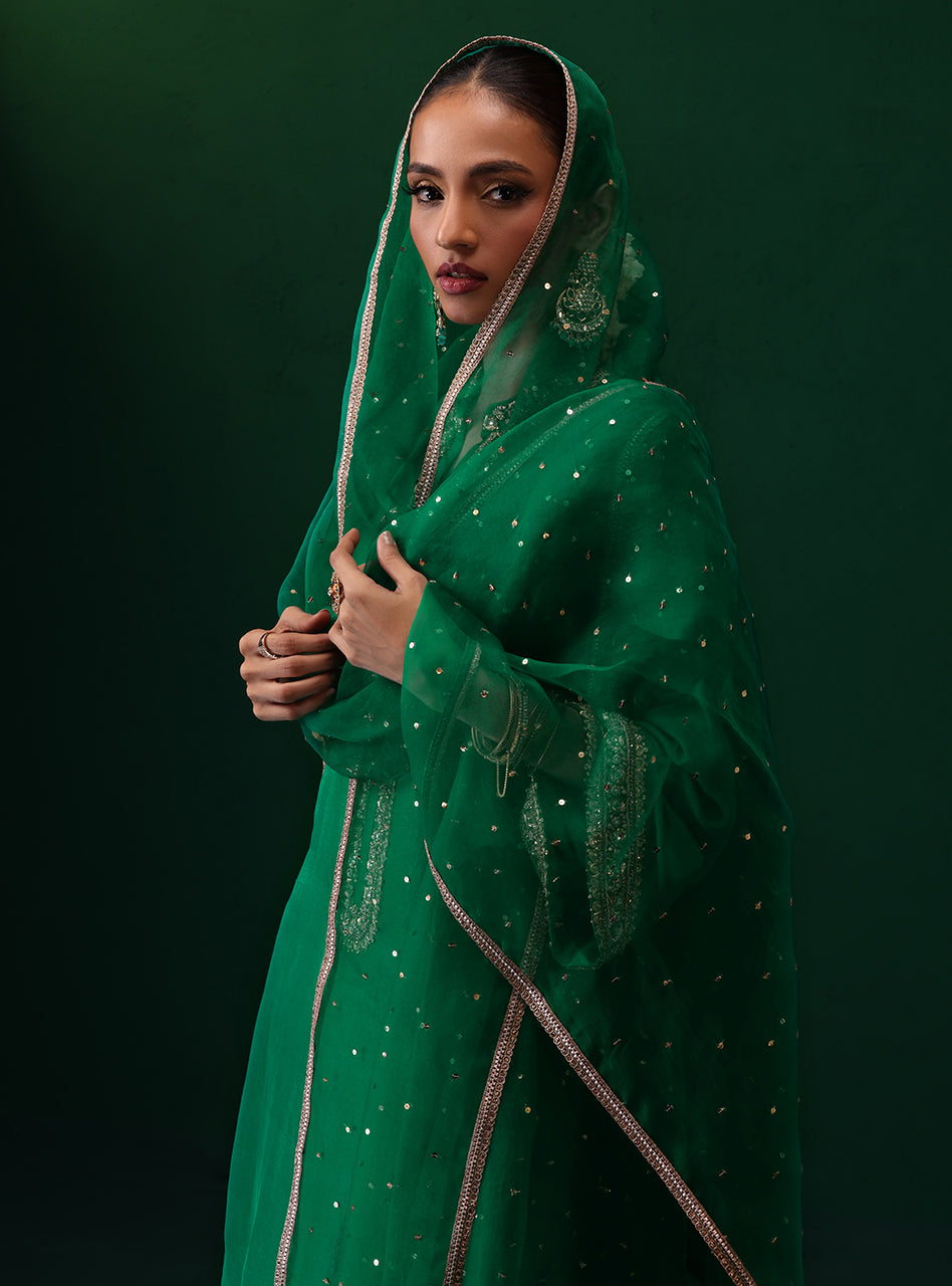 Emerald Green Hand-Embellished Raw Silk Salwar Kameez (3-Piece) - Image 9