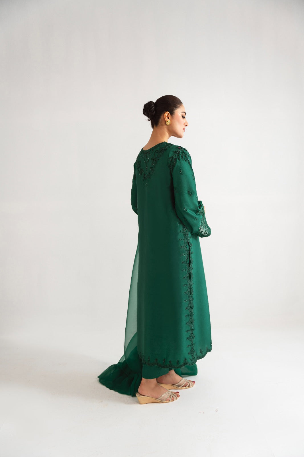 Pakistani Poison Green Embellished Raw Silk Salwar Kameez (3-Piece) - Image 3