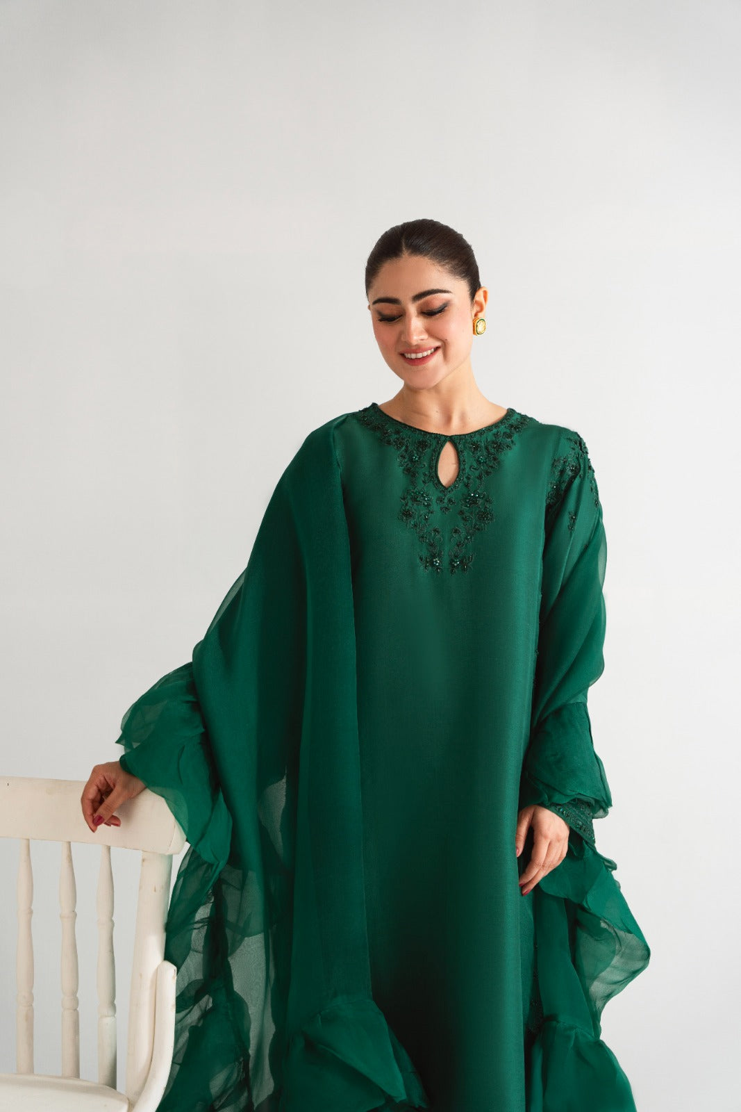 Pakistani Poison Green Embellished Raw Silk Salwar Kameez (3-Piece) - Image 4