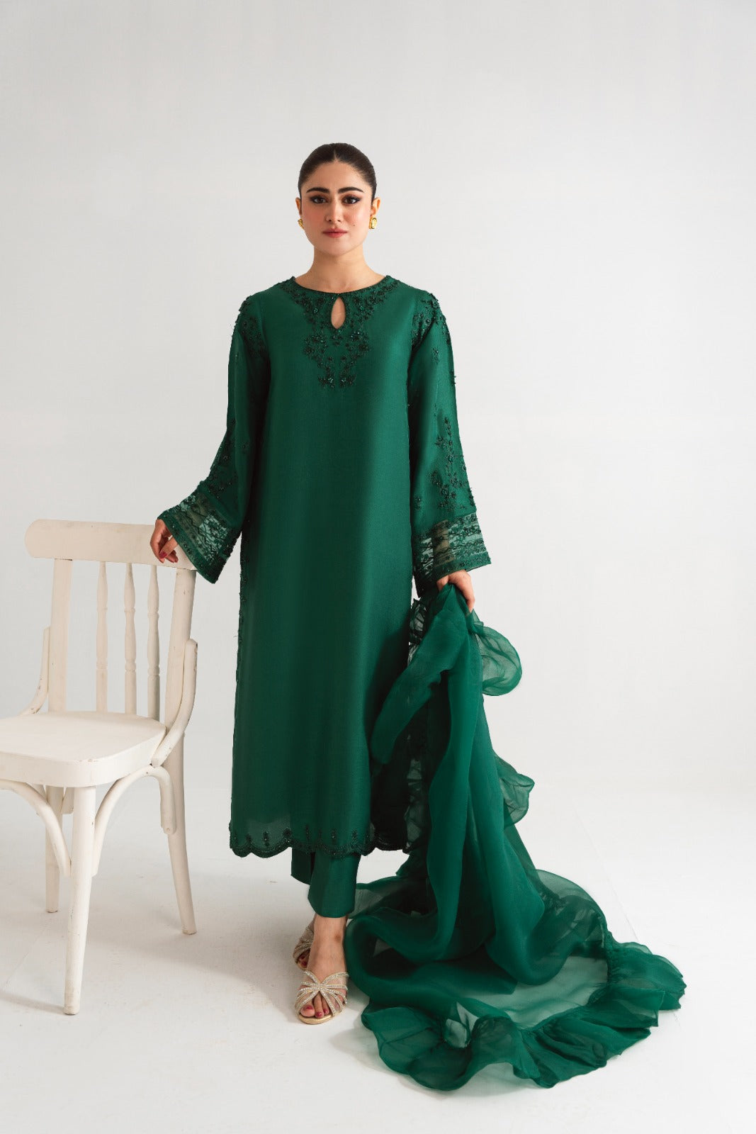 Pakistani Poison Green Embellished Raw Silk Salwar Kameez (3-Piece) - Image 5