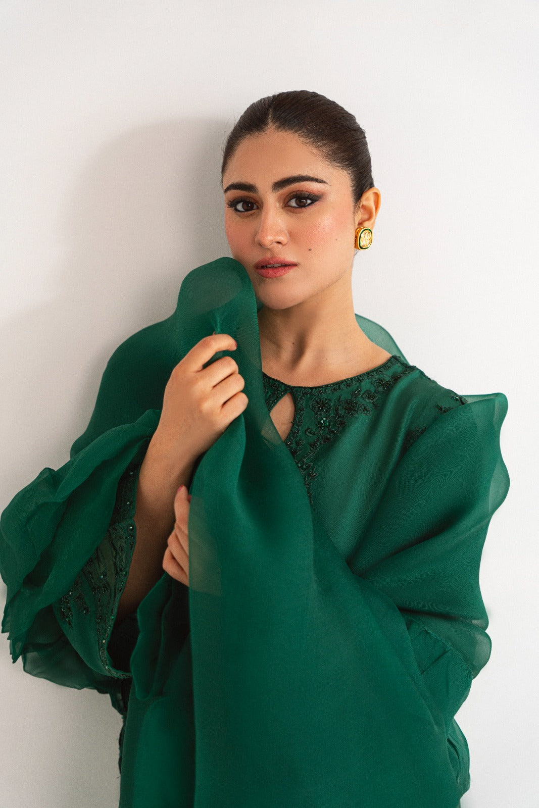 Pakistani Poison Green Embellished Raw Silk Salwar Kameez (3-Piece) - Image 6