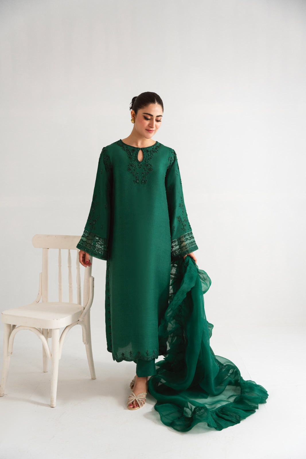 Pakistani Poison Green Embellished Raw Silk Salwar Kameez (3-Piece) - Image 7
