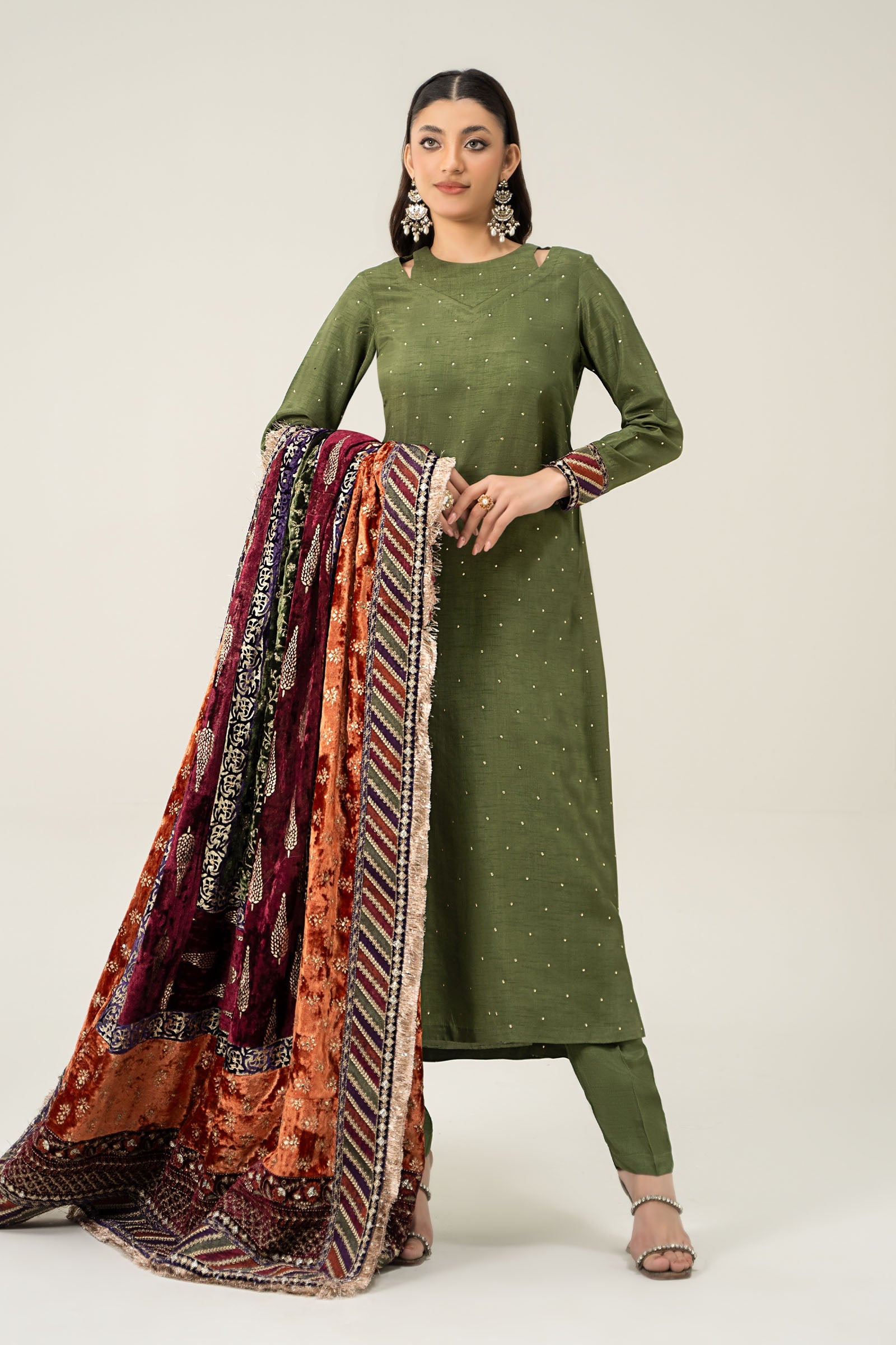 Pakistani Green Embroidered Raw Silk Straight-Cut Suit (3-Piece) - Image 1