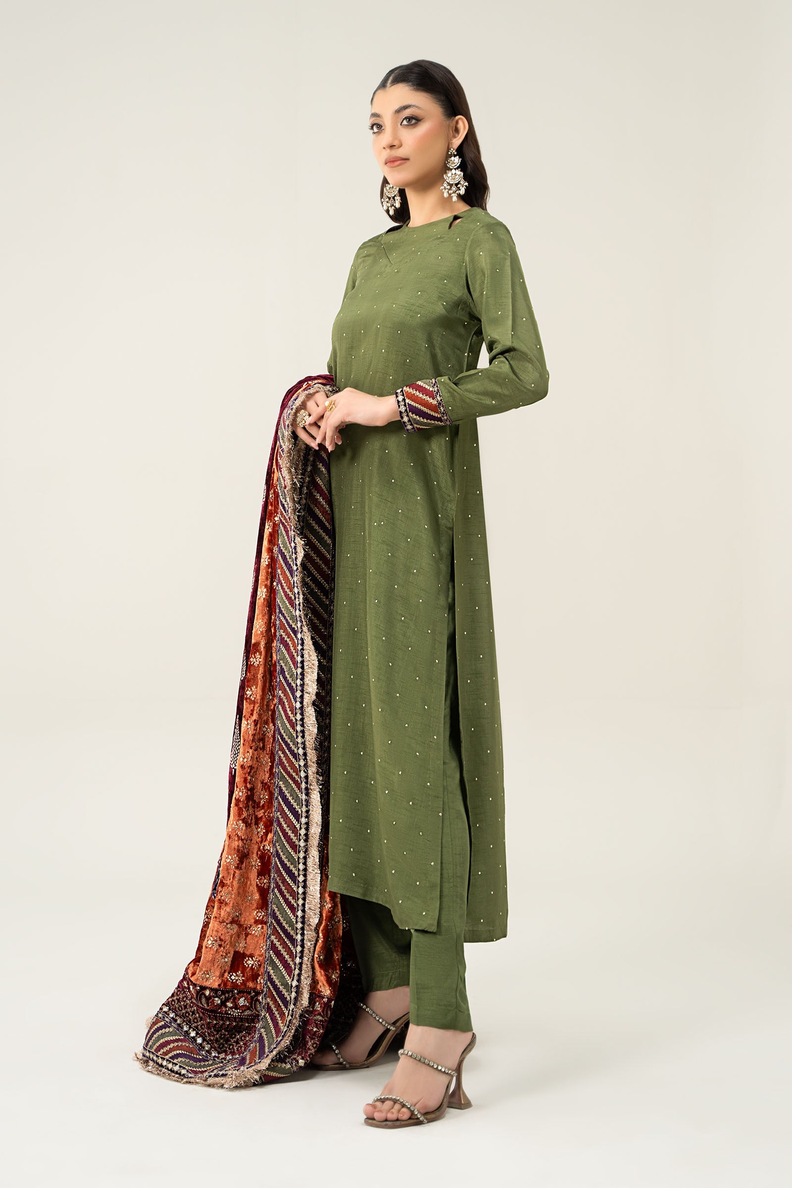 Pakistani Green Embroidered Raw Silk Straight-Cut Suit (3-Piece) - Image 3