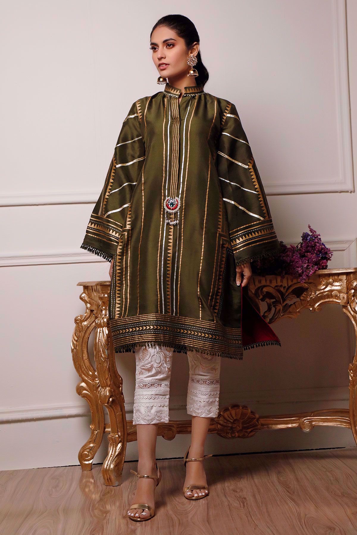 Olive Green Block Printed Raw Silk Salwar Kameez (2-Piece) - Image 1