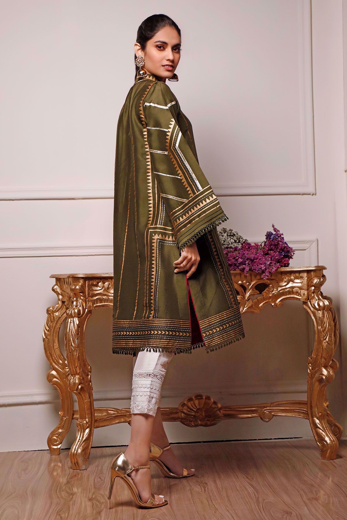 Olive Green Block Printed Raw Silk Salwar Kameez (2-Piece) - Image 2