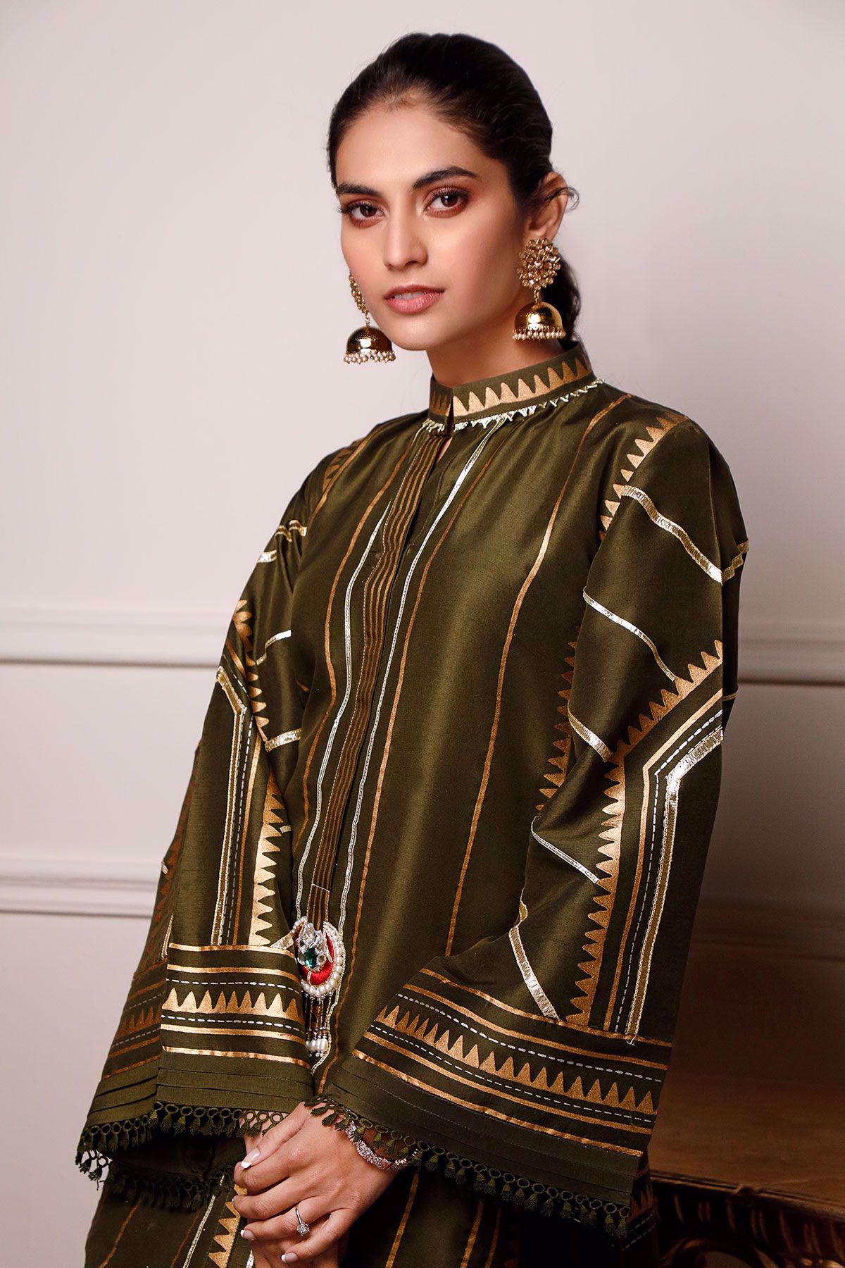 Olive Green Block Printed Raw Silk Salwar Kameez (2-Piece) - Image 3