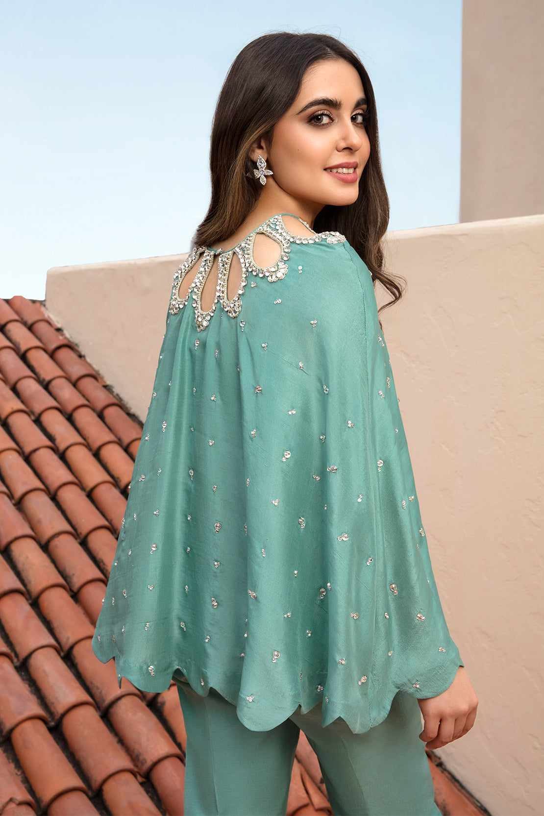 Sea Green Hand-Embellished Raw Silk Salwar Kameez (3-Piece) - Image 3
