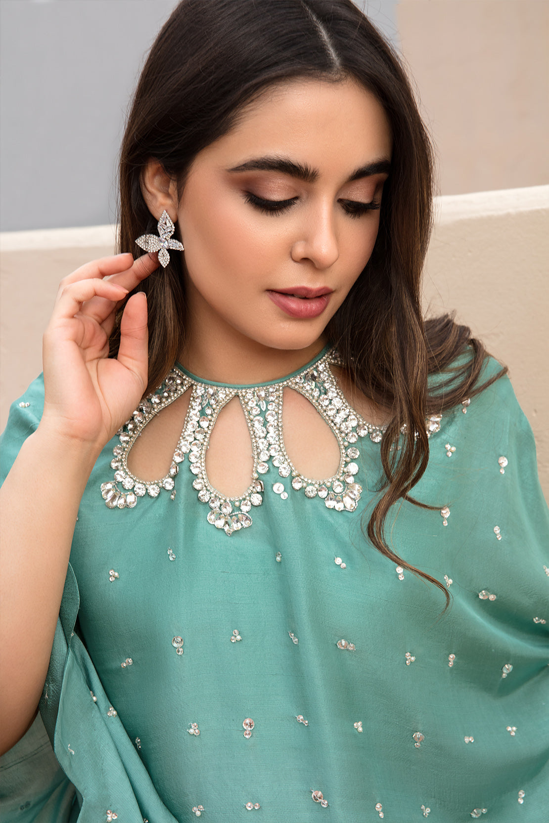Sea Green Hand-Embellished Raw Silk Salwar Kameez (3-Piece) - Image 6