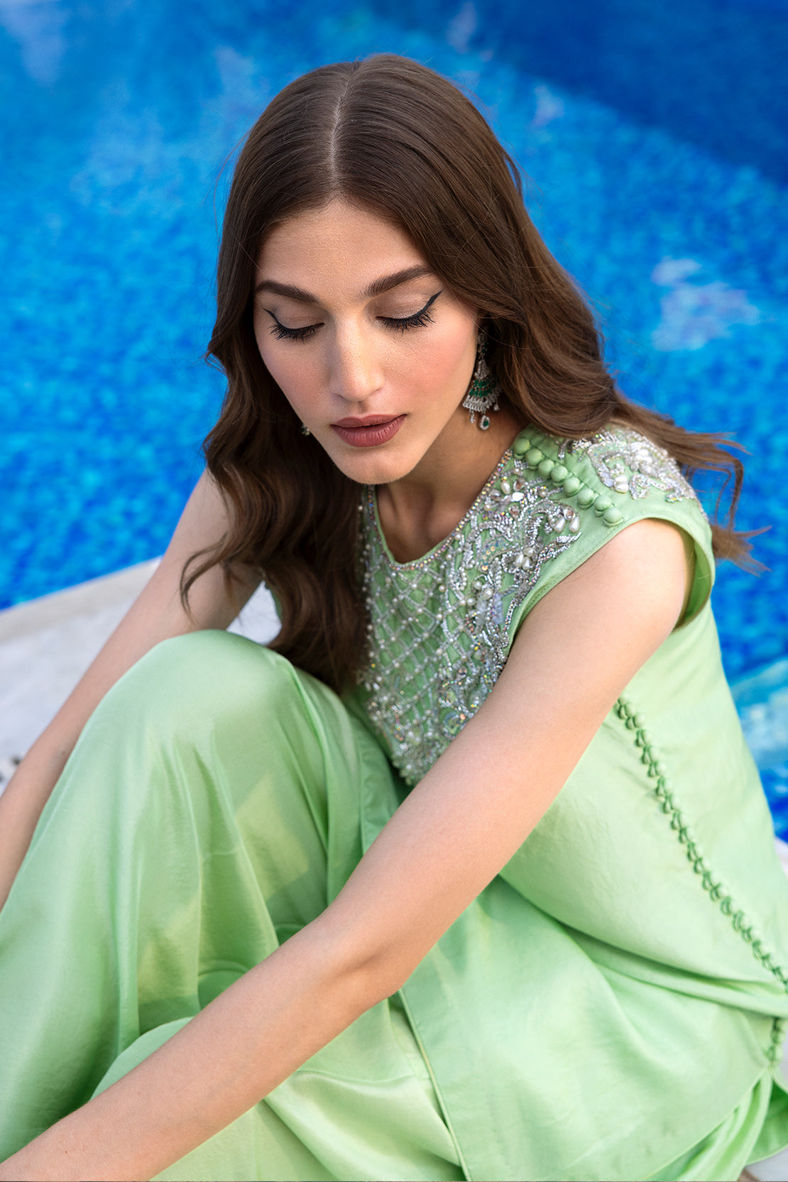 Pakistani Apple Green Embellished Raw Silk 3-Piece Set - Image 4