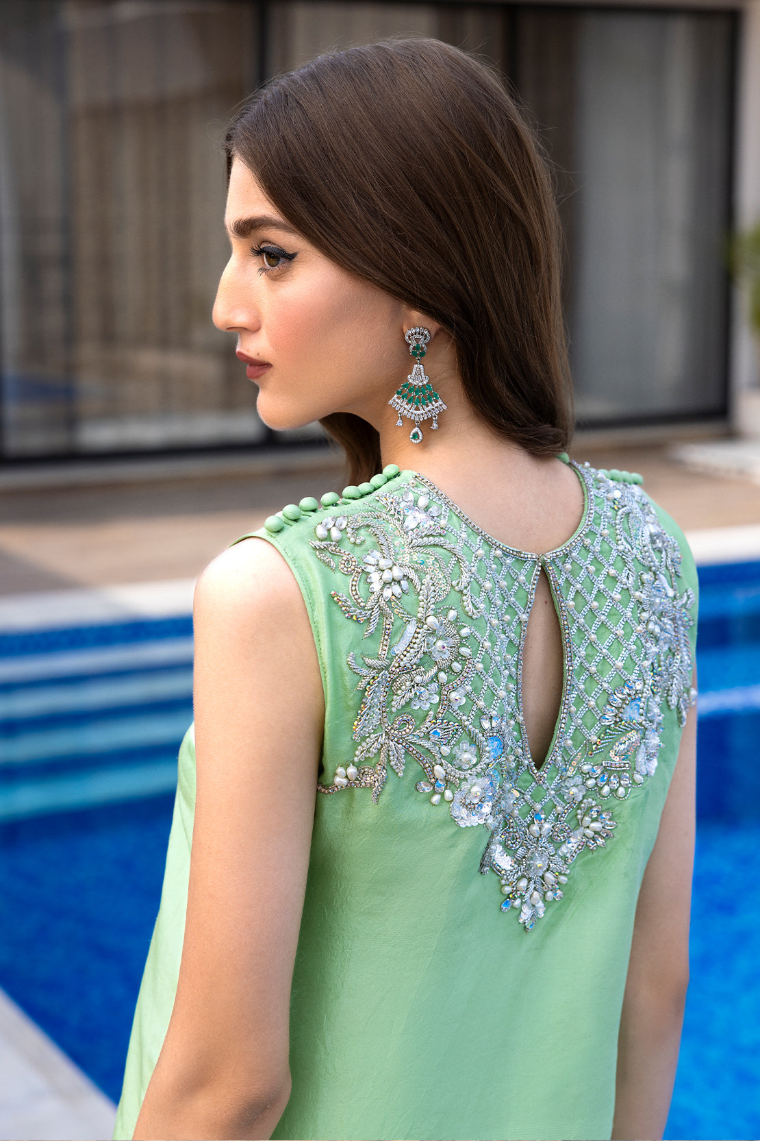 Pakistani Apple Green Embellished Raw Silk 3-Piece Set - Image 6