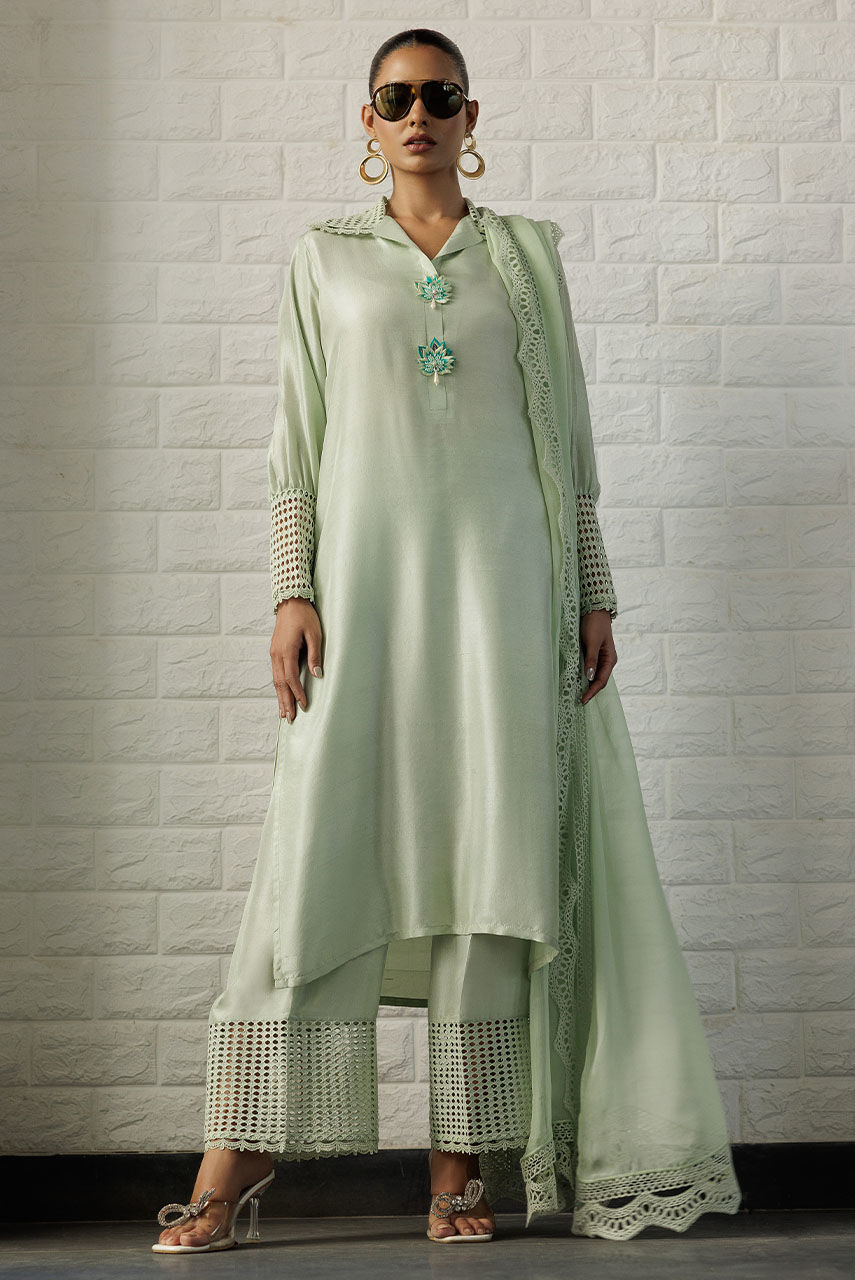 Mint Cutwork Raw Silk Salwar Kameez (3-Piece) - Image 1