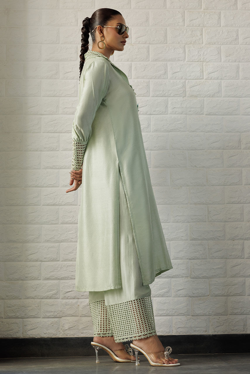 Mint Cutwork Raw Silk Salwar Kameez (3-Piece) - Image 2