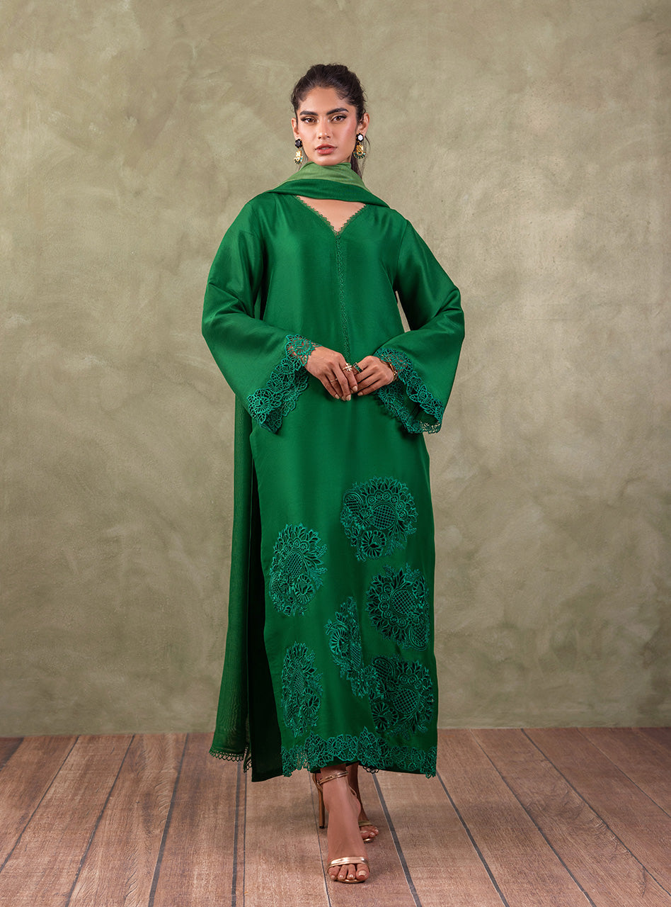 Pakistani Emerald Green Cutwork Raw Silk Salwar Kameez (3-Piece) - Image 1