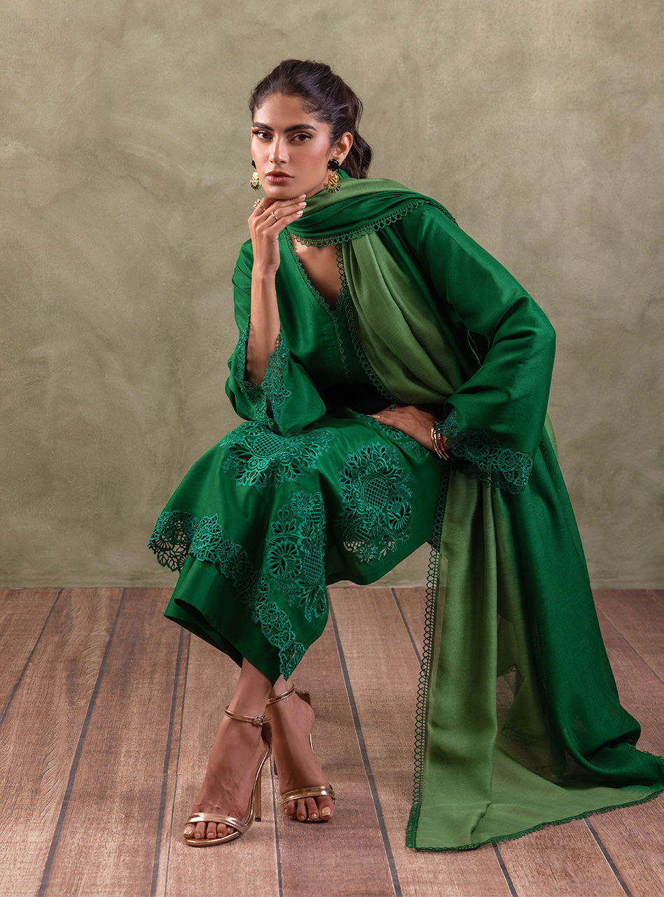 Pakistani Emerald Green Cutwork Raw Silk Salwar Kameez (3-Piece) - Image 10
