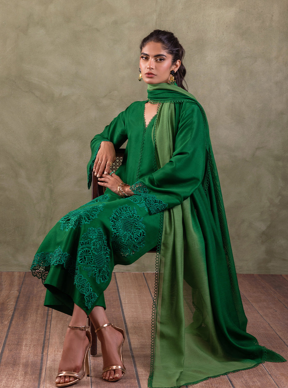 Pakistani Emerald Green Cutwork Raw Silk Salwar Kameez (3-Piece) - Image 11