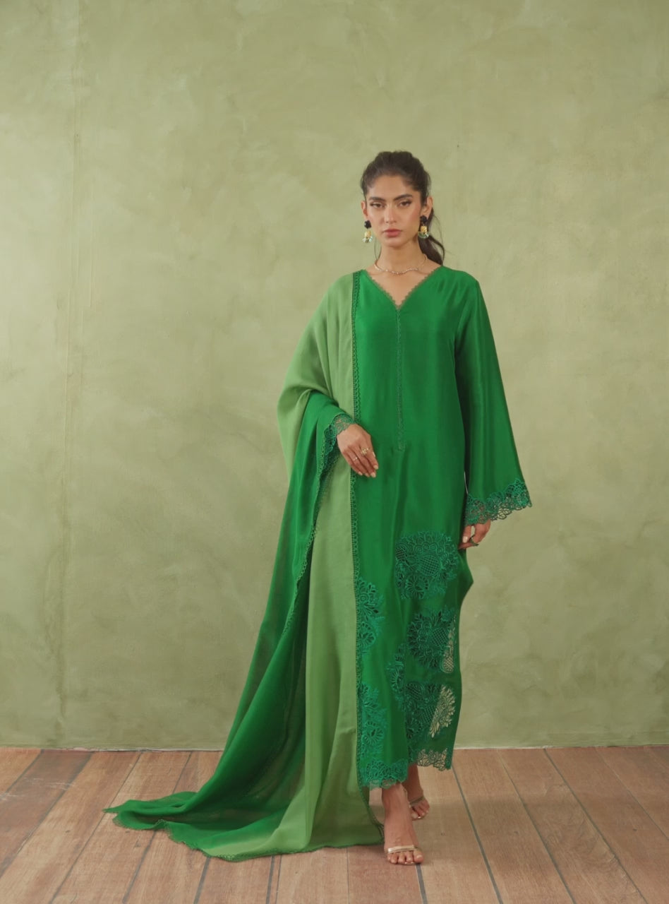 Pakistani Emerald Green Cutwork Raw Silk Salwar Kameez (3-Piece) - Image 12