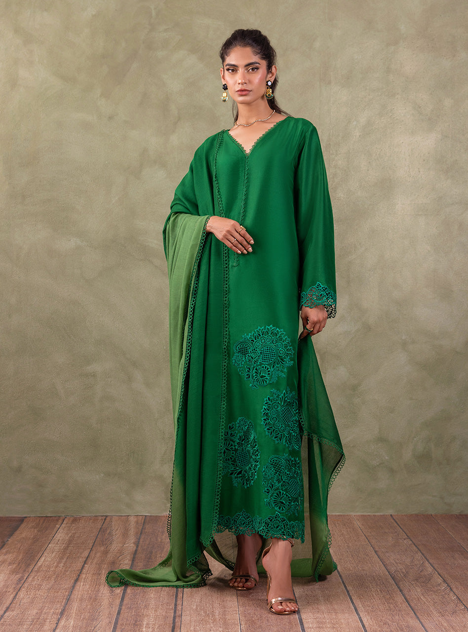 Pakistani Emerald Green Cutwork Raw Silk Salwar Kameez (3-Piece) - Image 13