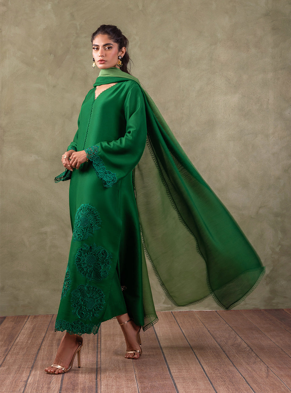 Pakistani Emerald Green Cutwork Raw Silk Salwar Kameez (3-Piece) - Image 4