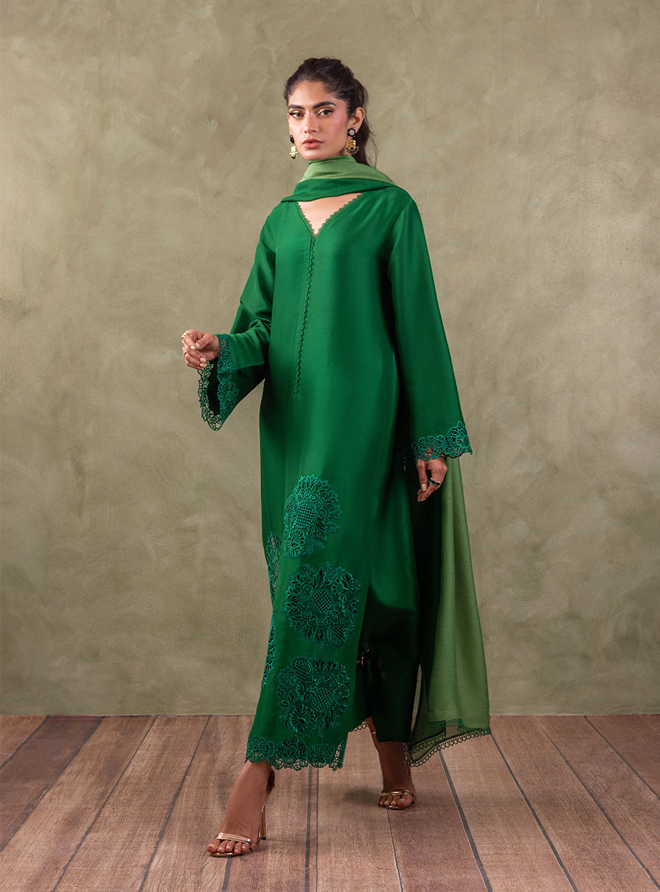 Pakistani Emerald Green Cutwork Raw Silk Salwar Kameez (3-Piece) - Image 5