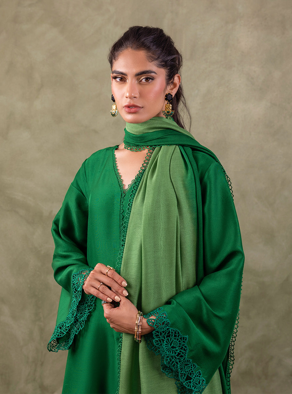 Pakistani Emerald Green Cutwork Raw Silk Salwar Kameez (3-Piece) - Image 6