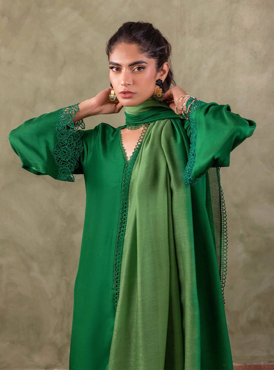 Pakistani Emerald Green Cutwork Raw Silk Salwar Kameez (3-Piece) - Image 7