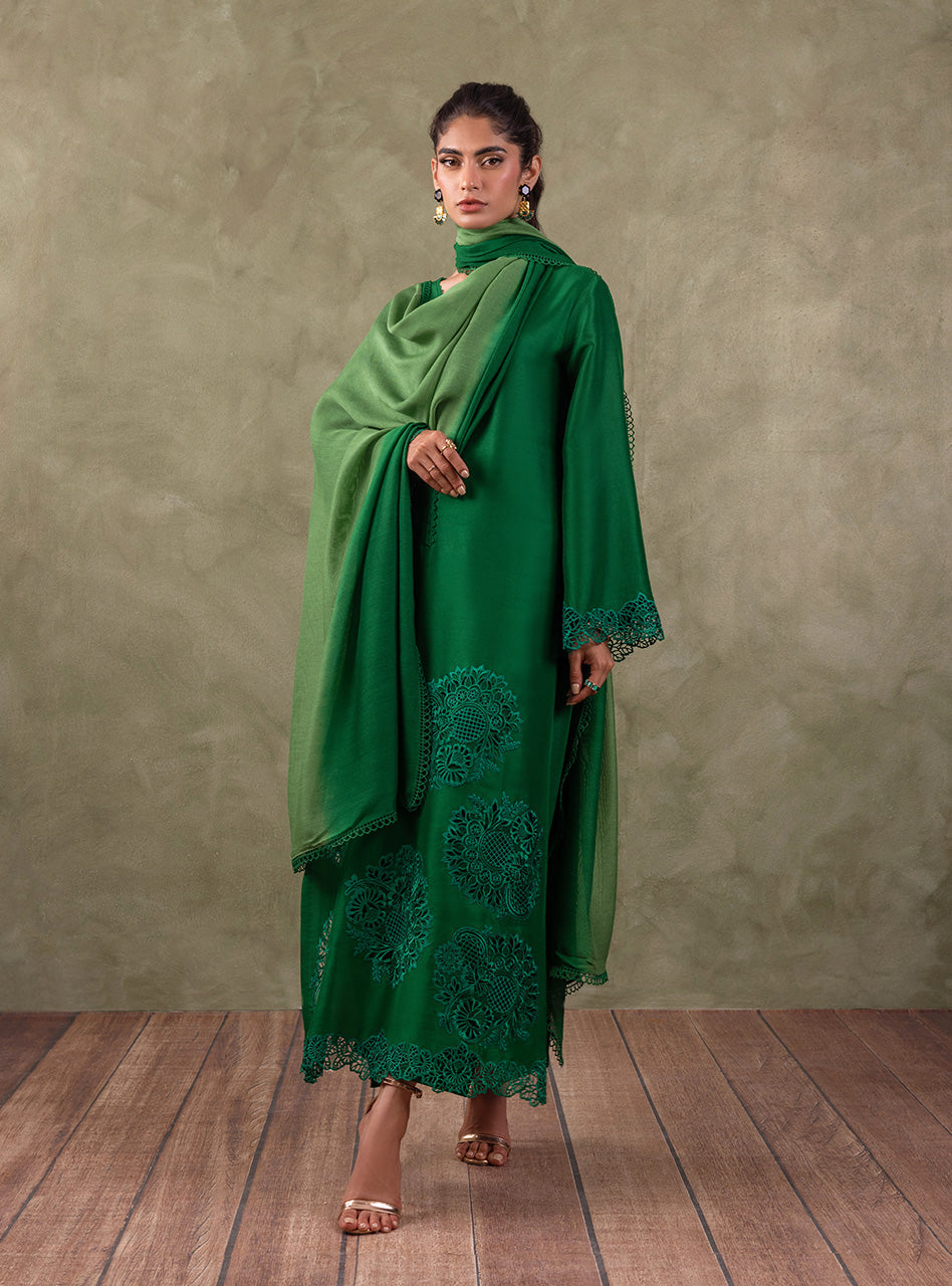 Pakistani Emerald Green Cutwork Raw Silk Salwar Kameez (3-Piece) - Image 8