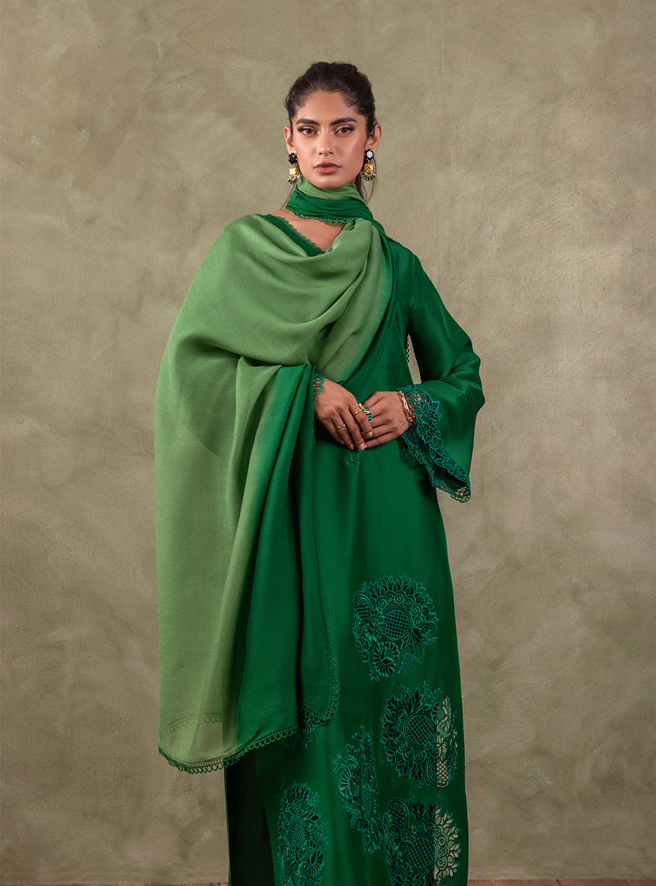 Pakistani Emerald Green Cutwork Raw Silk Salwar Kameez (3-Piece) - Image 9
