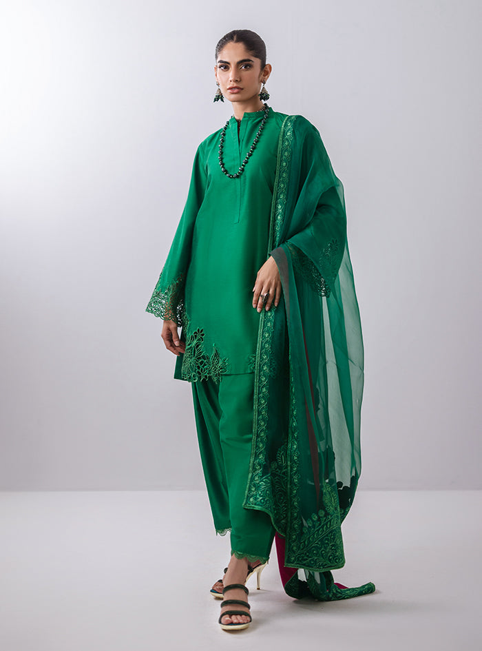 Pakistani Emerald Green Cutwork Raw Silk Kurta Set (3-Piece) - Image 1