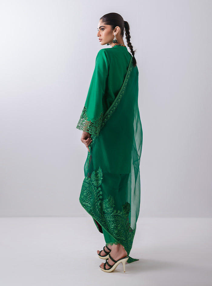 Pakistani Emerald Green Cutwork Raw Silk Kurta Set (3-Piece) - Image 3
